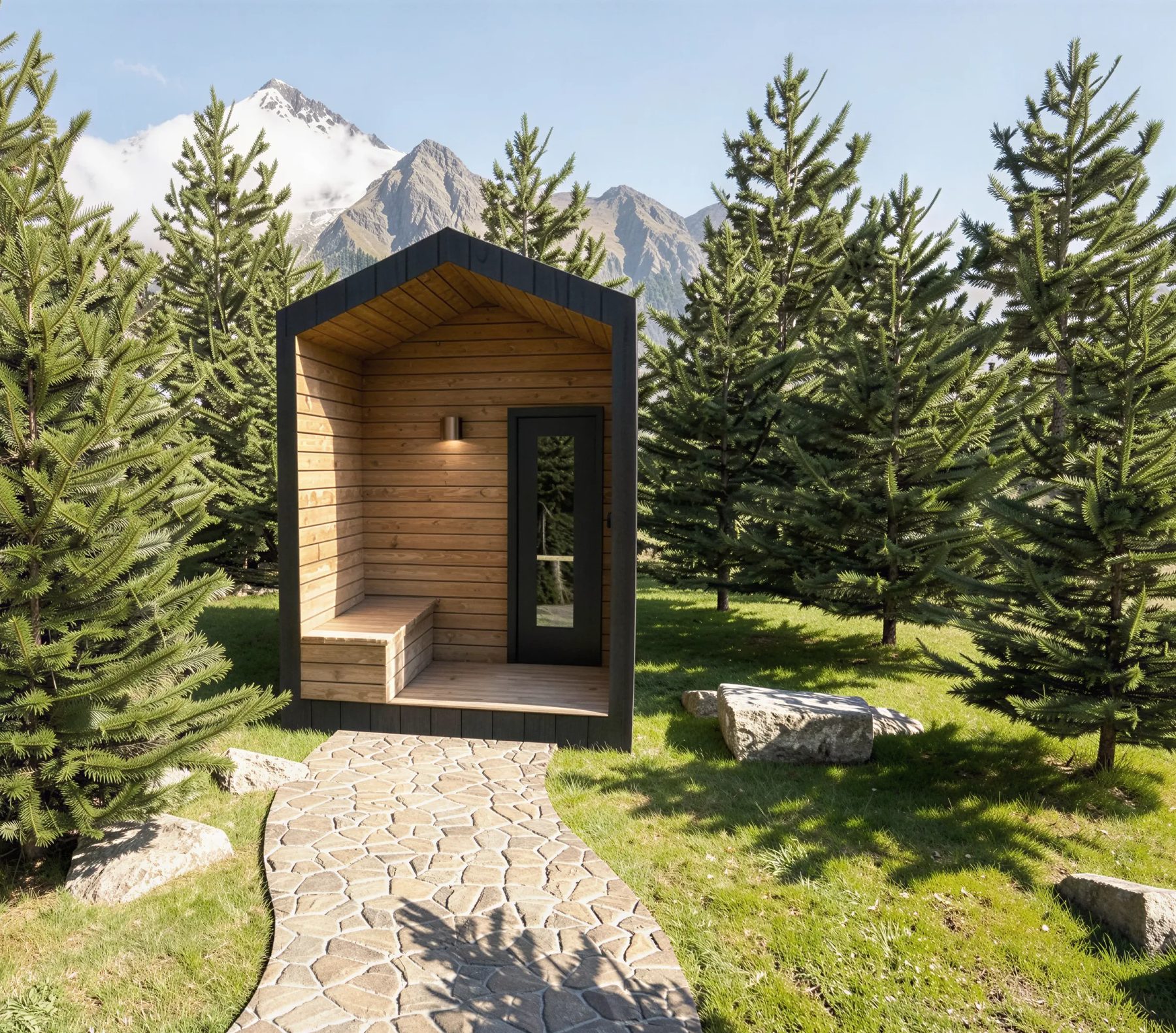 Ridgeline Crest sauna, four person, in a stand of pines
