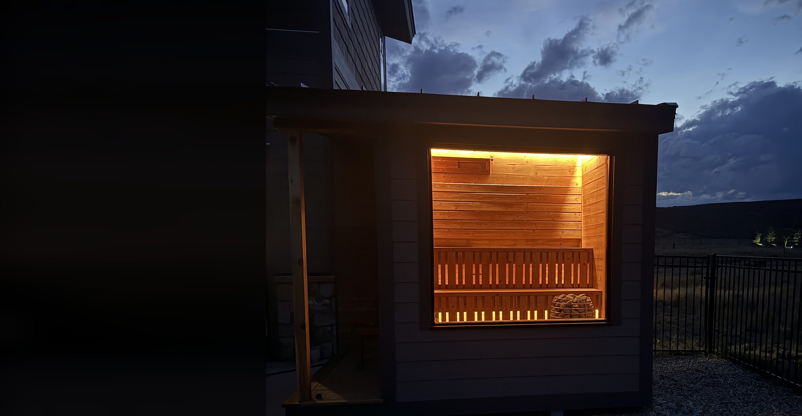 Ridgeline sauna at dusk in the Colorado high country